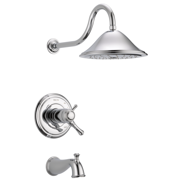 Chrome tub and shower trim with curved overhead showerhead, wall-mounted valve with cross handles, and tub spout.
