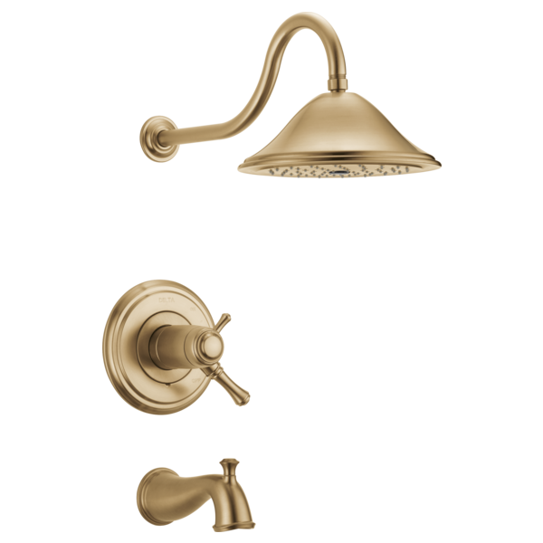 Champagne bronze shower trim with curved arm, round showerhead, circular wall valve, and tub spout.