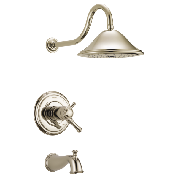 Brushed nickel tub and shower trim with curved showerhead arm, control valve, and tub spout.