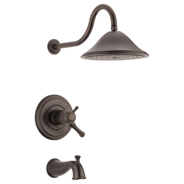 Oil-rubbed bronze tub and shower trim with curved showerhead, valve trim, and tub spout.