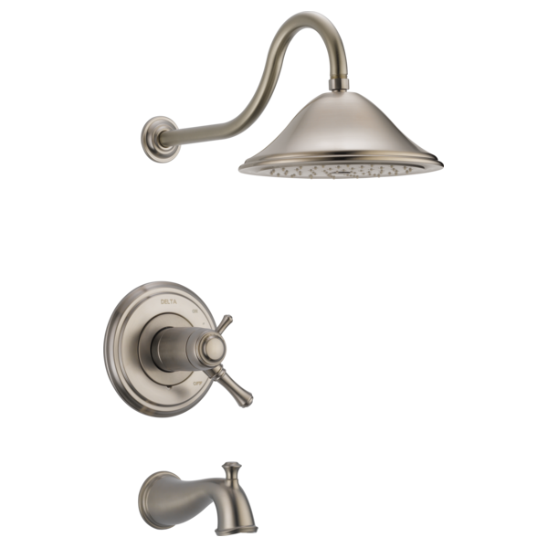 Brushed nickel tub and shower trim with curved wall-mounted arm, dome showerhead, valve trim with cross handles, and tub spou