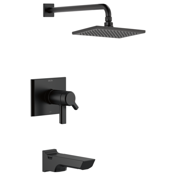 Black matte finish shower trim with square wall-mounted control handle, overhead rainfall showerhead, and tub spout.