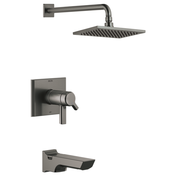 Gunmetal gray tub and shower trim with square wall-mount control, curved arm, rectangular showerhead, and tub spout.