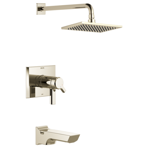 Chrome finish shower trim set with square rainfall showerhead, wall-mounted valve control, and tub spout.