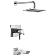Chrome shower trim with square rainfall showerhead, wall-mounted arm, valve trim plate, and tub spout.