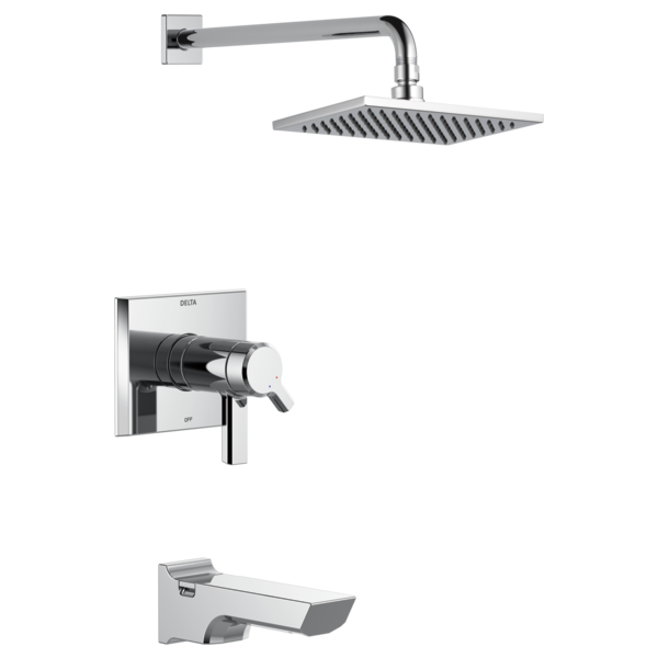 Chrome shower trim with square rainfall showerhead, wall-mounted arm, valve trim plate, and tub spout.