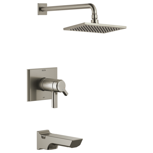 Brushed nickel tub and shower trim with square showerhead, wall-mounted arm, control valve, and tub spout.
