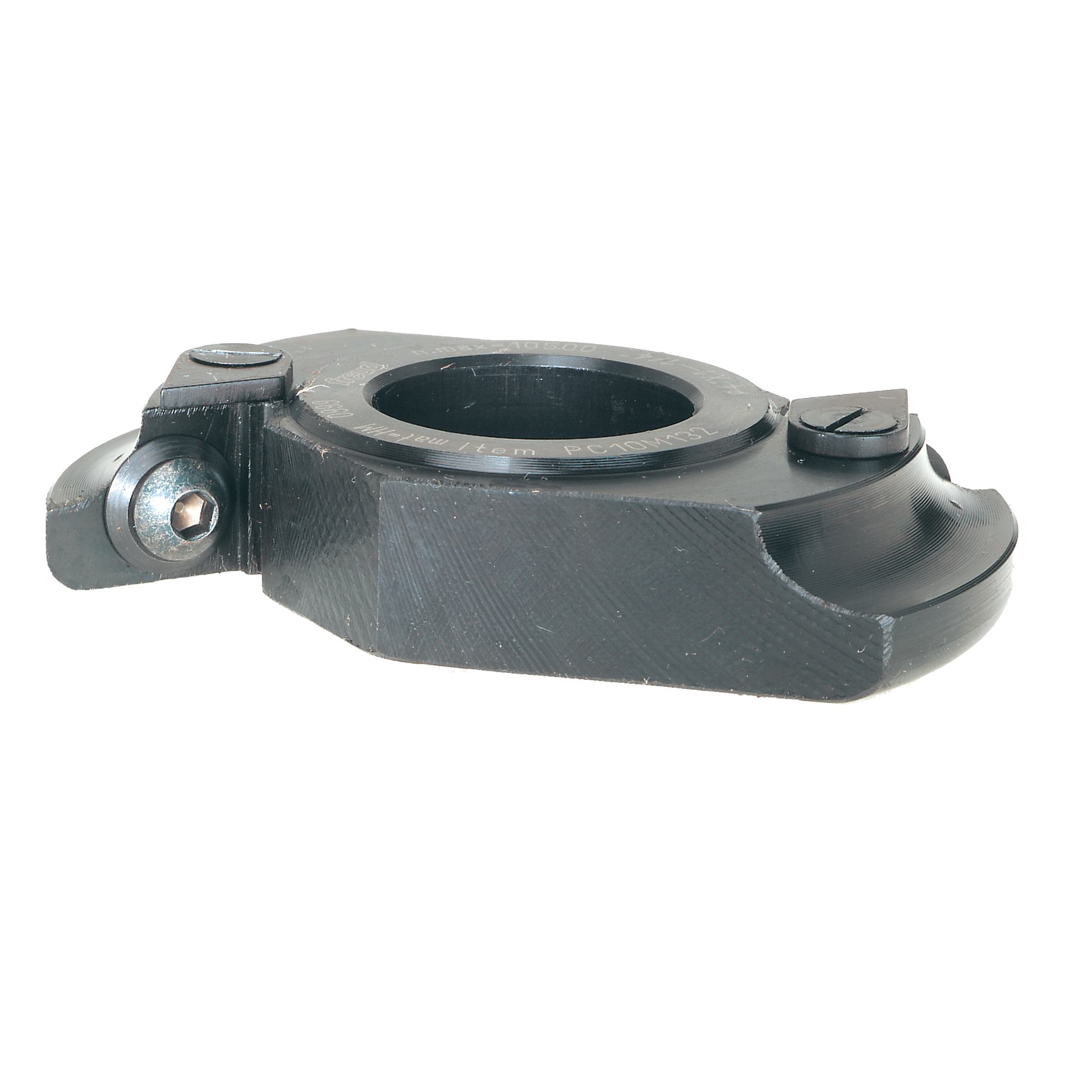 Dark gray router cutter head with circular central opening and curved cutting profiles on sides, featuring adjustment screws 