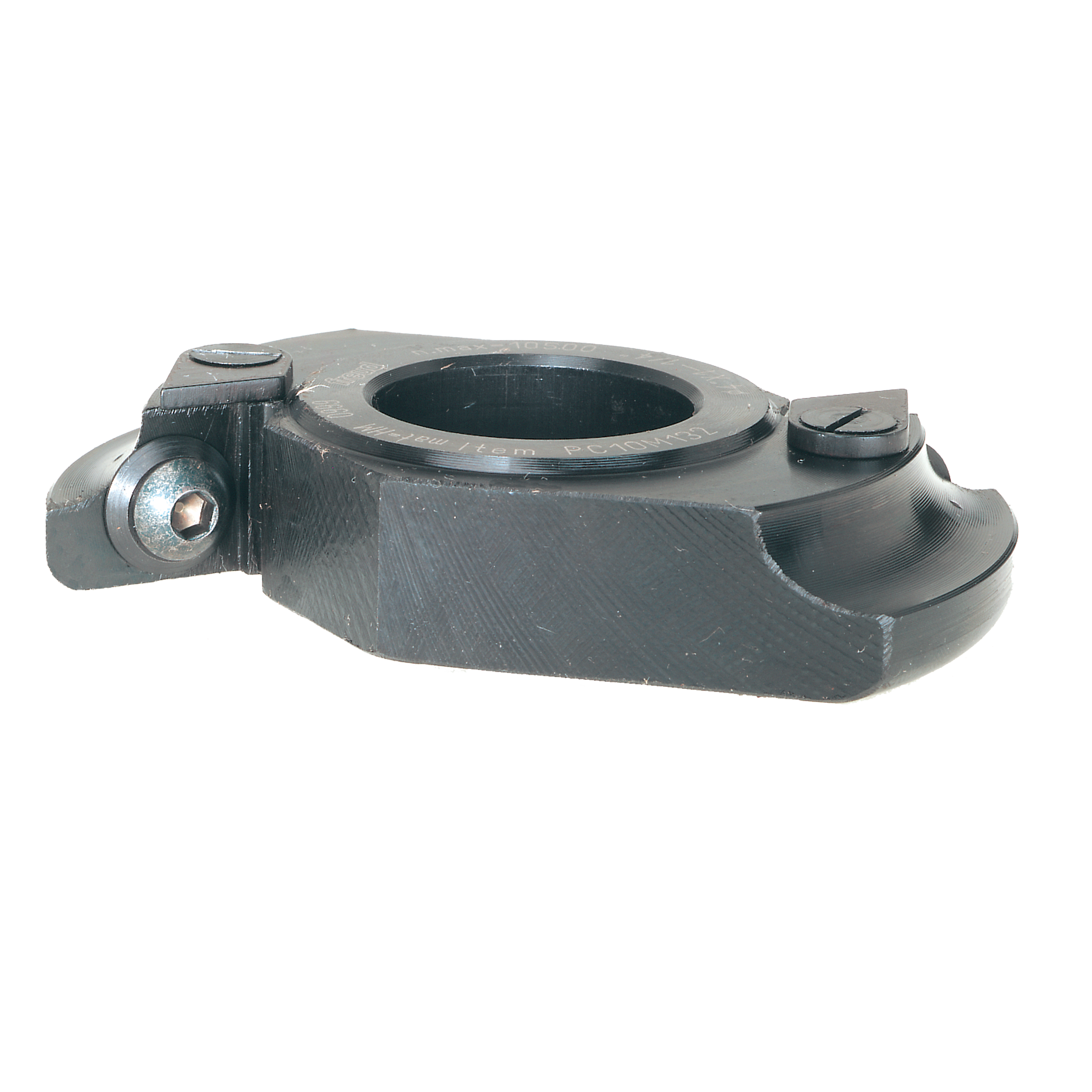 Dark gray router cutter head with circular central opening and curved cutting profiles on sides, featuring adjustment screws 