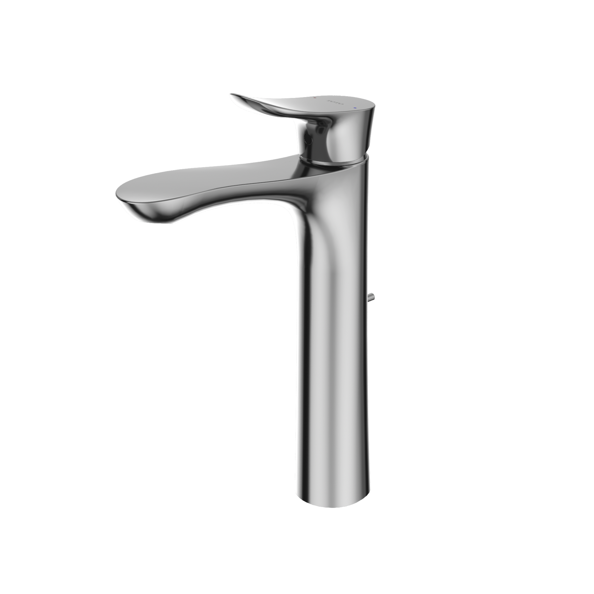 Polished chrome single-handle vessel bathroom sink faucet with curved spout and tall cylindrical base.