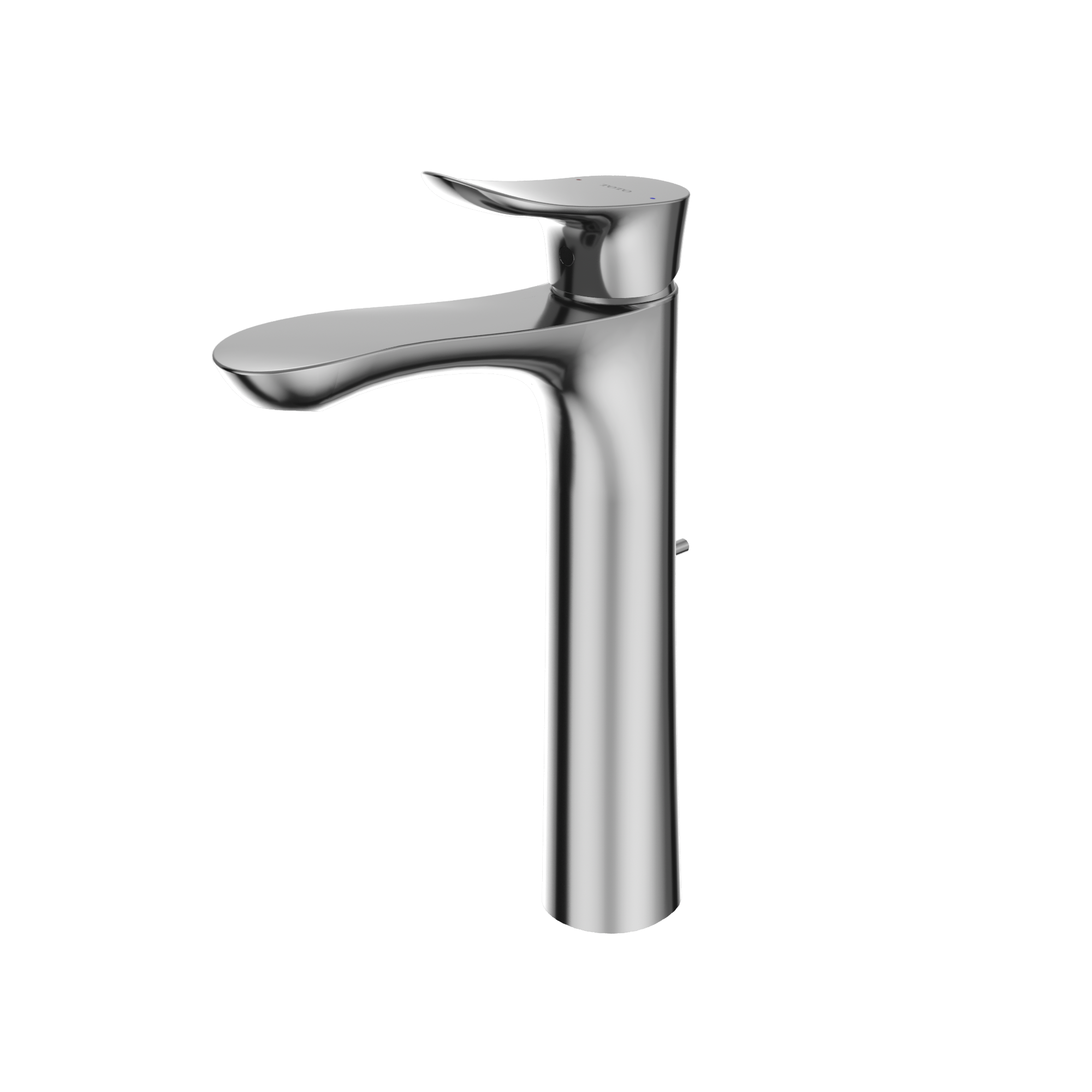 Polished chrome single-handle vessel bathroom sink faucet with curved spout and tall cylindrical base.