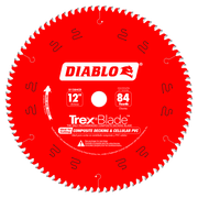 Red circular saw blade with 84 white teeth, center arbor hole, and Diablo TrexBlade branding for composite decking and cellul