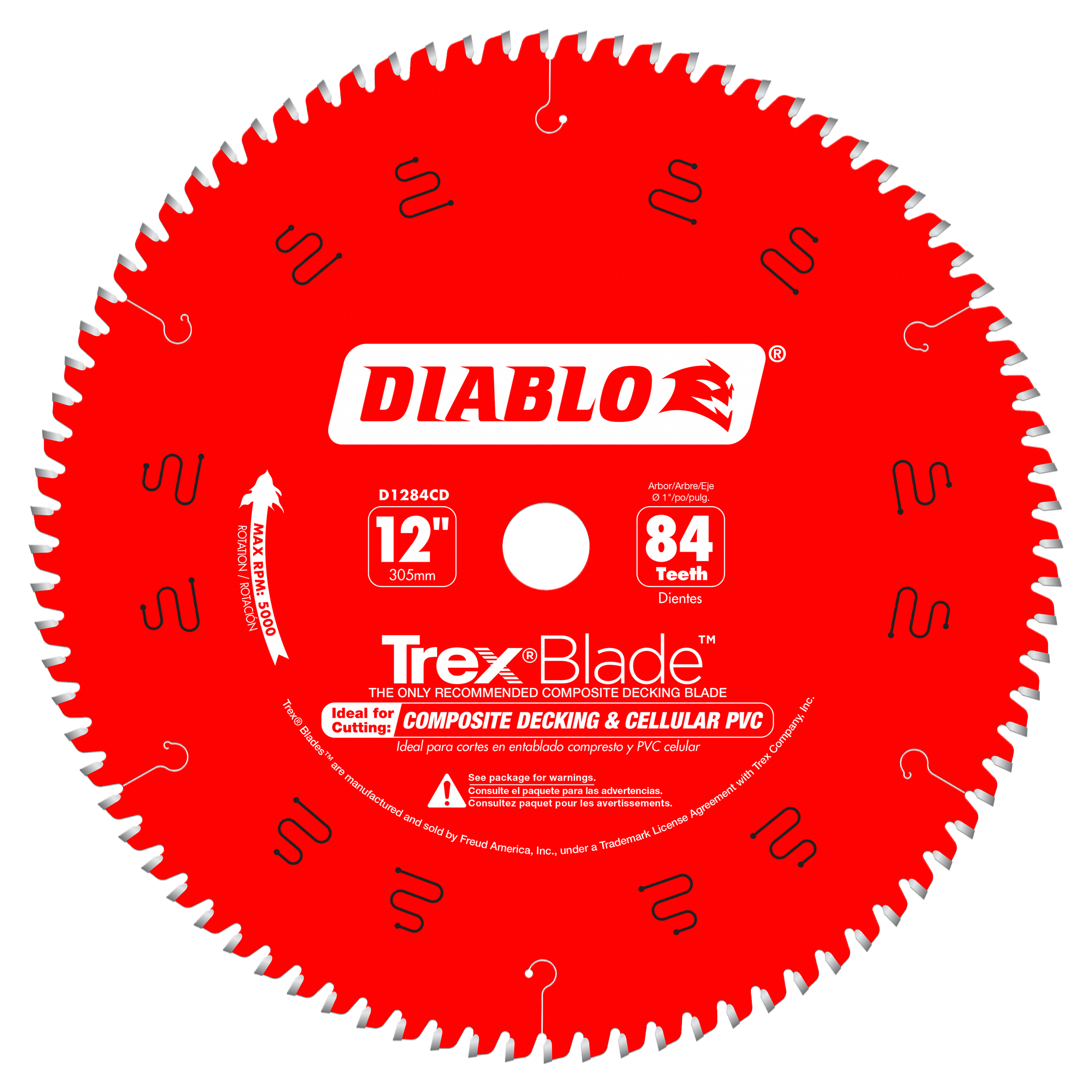 Red circular saw blade with 84 white teeth, center arbor hole, and Diablo TrexBlade branding for composite decking and cellul