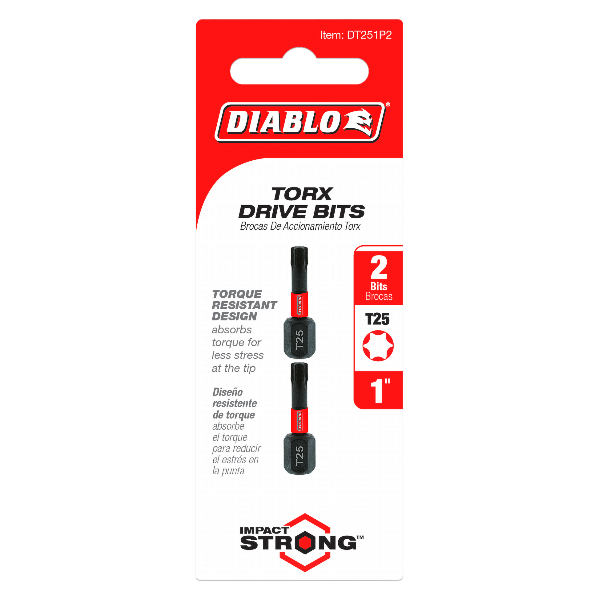 Two black Diablo T25 Torx drive bits, 1 inch length, on red and white packaging card.