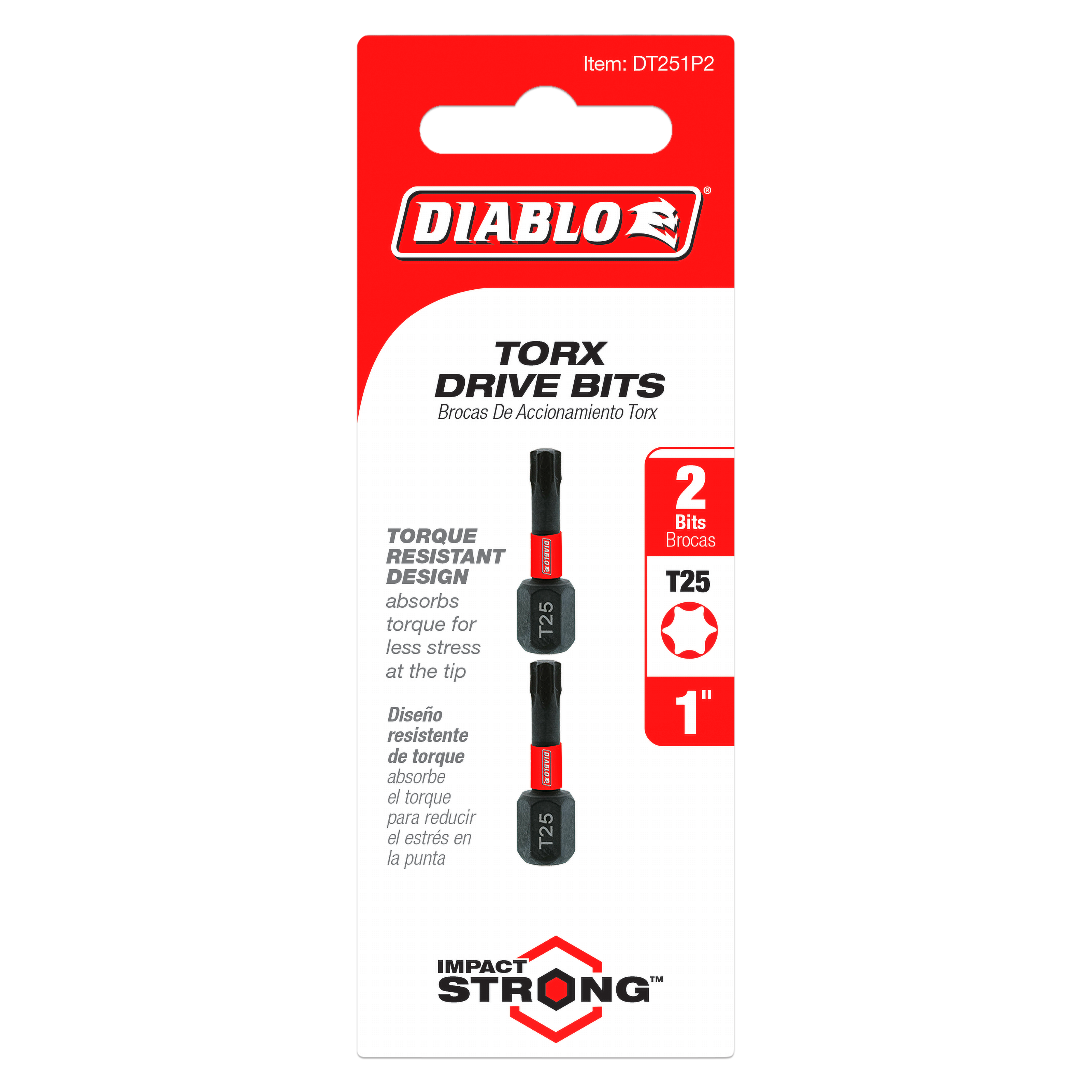 Two black Diablo T25 Torx drive bits, 1 inch length, on red and white packaging card.