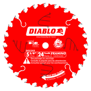 Red circular saw blade with 24 silver teeth, 10mm arbor hole, labeled Diablo D0524X for framing construction.