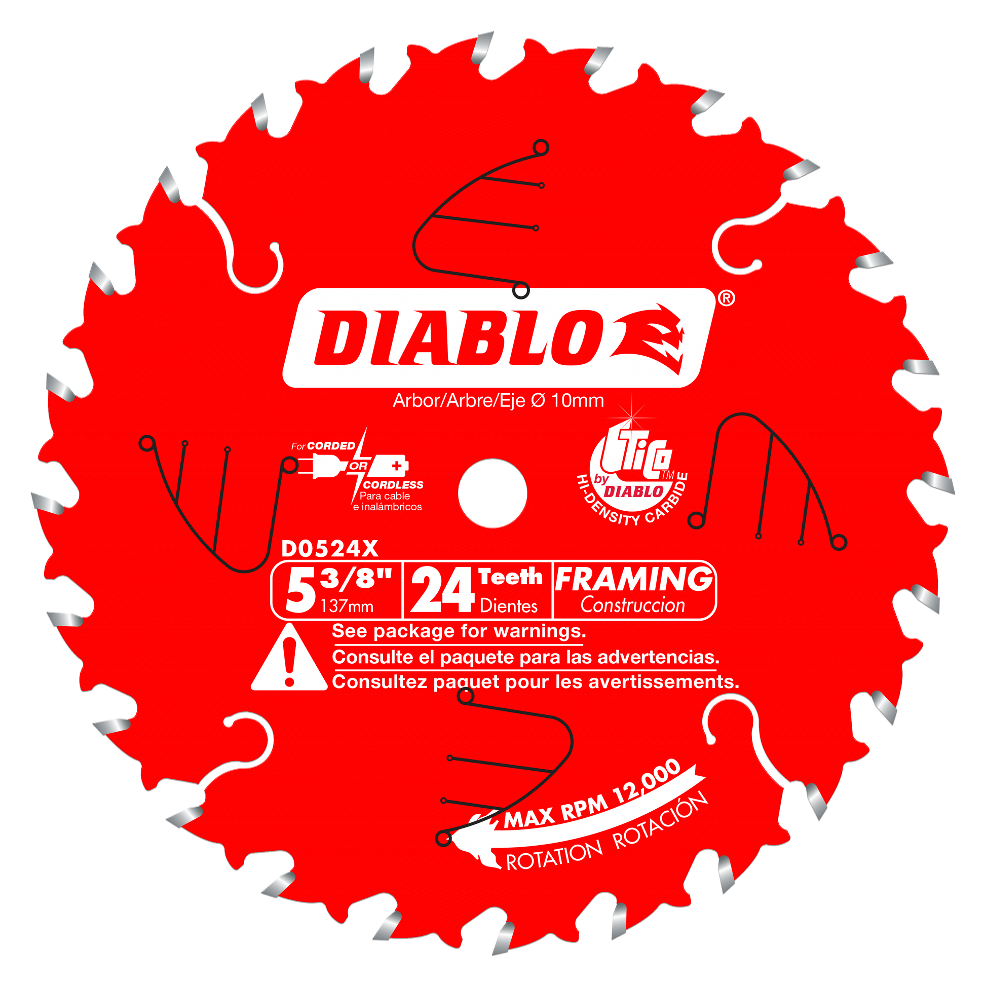 Red circular saw blade with 24 silver teeth, 10mm arbor hole, labeled Diablo D0524X for framing construction.
