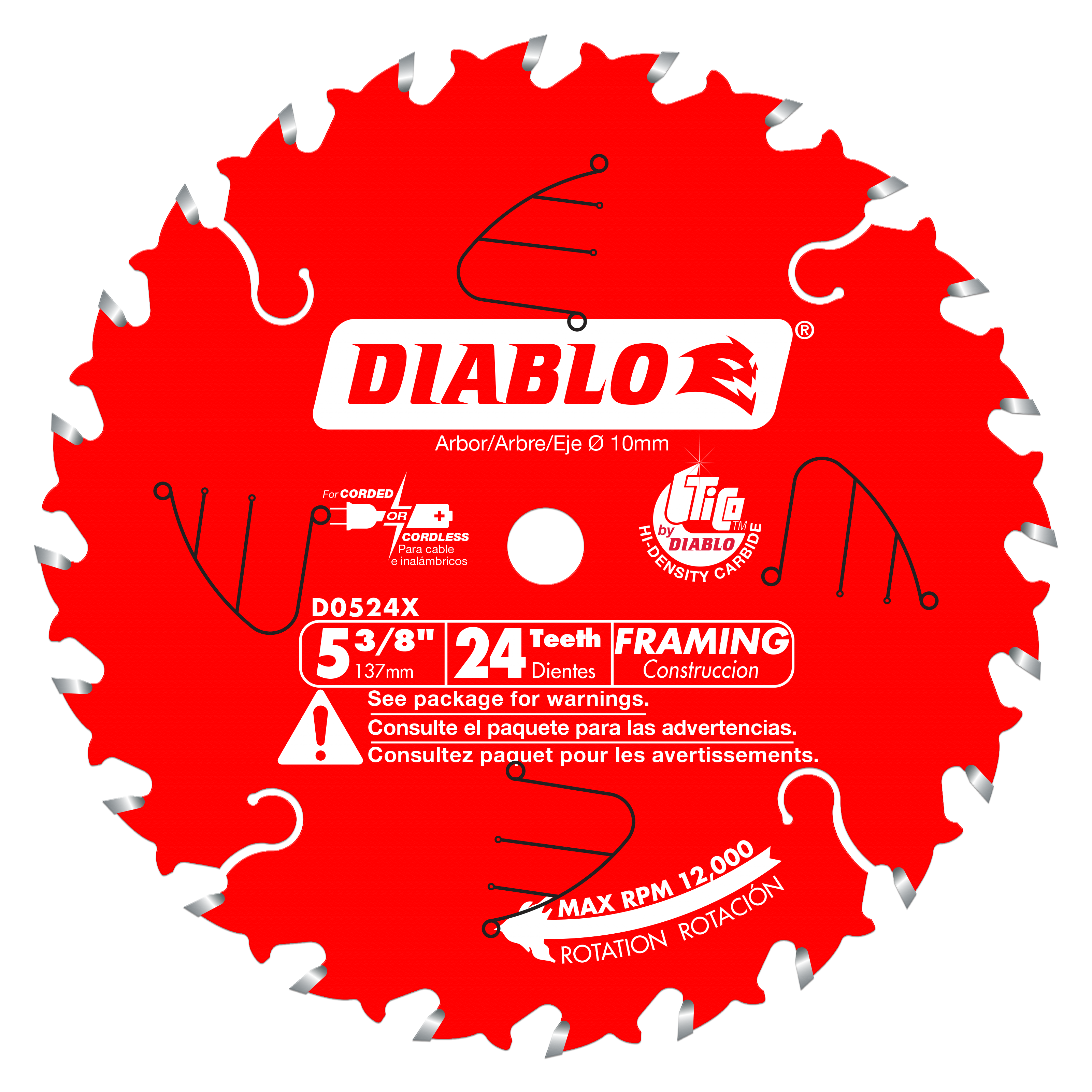 Red circular saw blade with 24 silver teeth, 10mm arbor hole, labeled Diablo D0524X for framing construction.