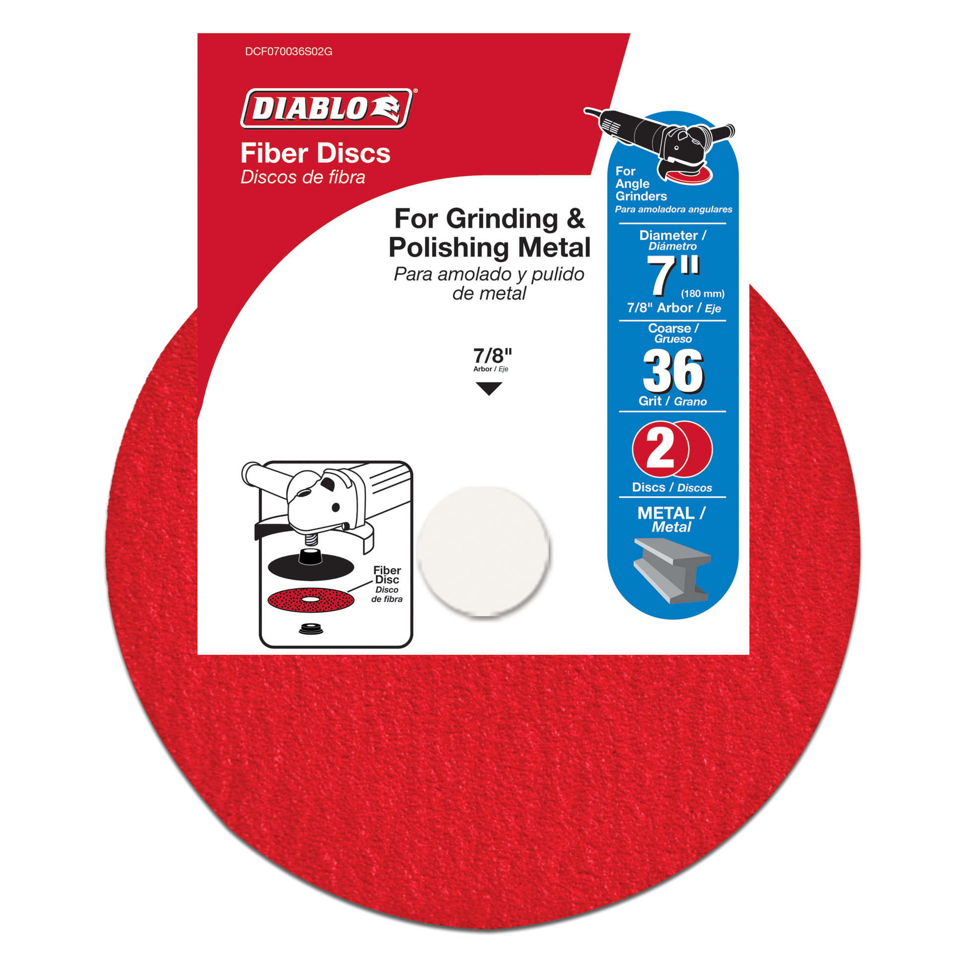Two red 7-inch fiber discs with 36-grit aluminum oxide abrasive surface in packaging showing product specifications and angle