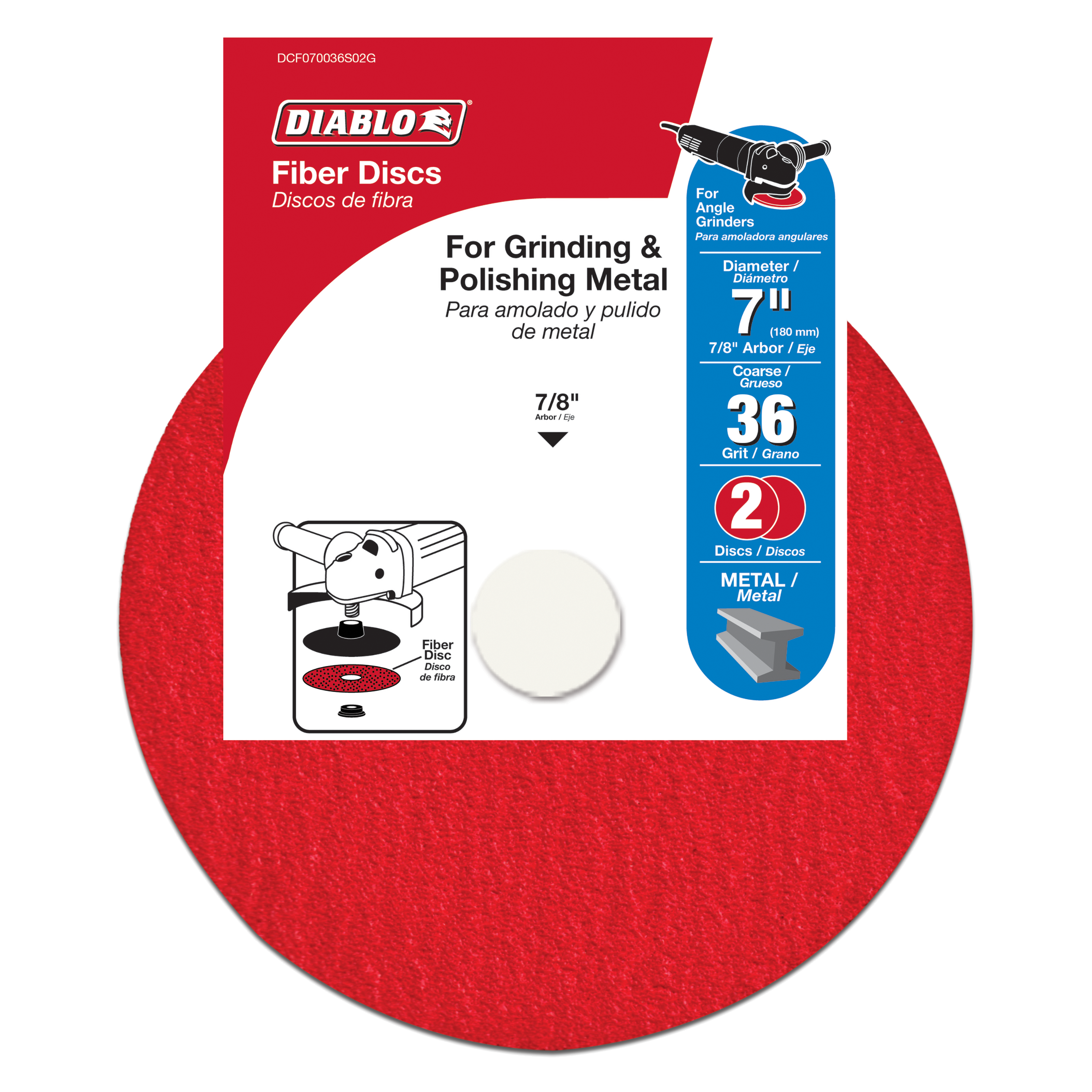 Two red 7-inch fiber discs with 36-grit aluminum oxide abrasive surface in packaging showing product specifications and angle