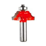 Red and silver router bit with classical cove and bead cutting profile and metal bearing guide.