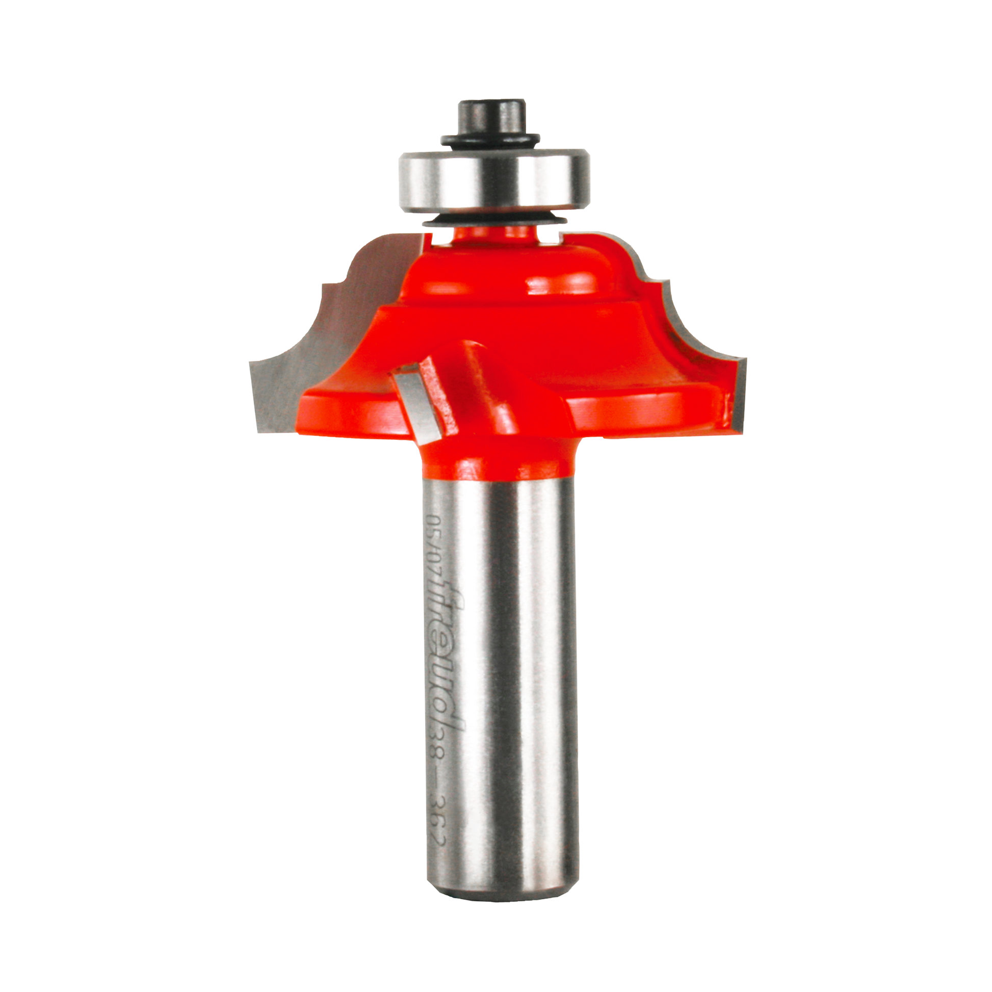 Red and silver router bit with classical cove and bead cutting profile and metal bearing guide.