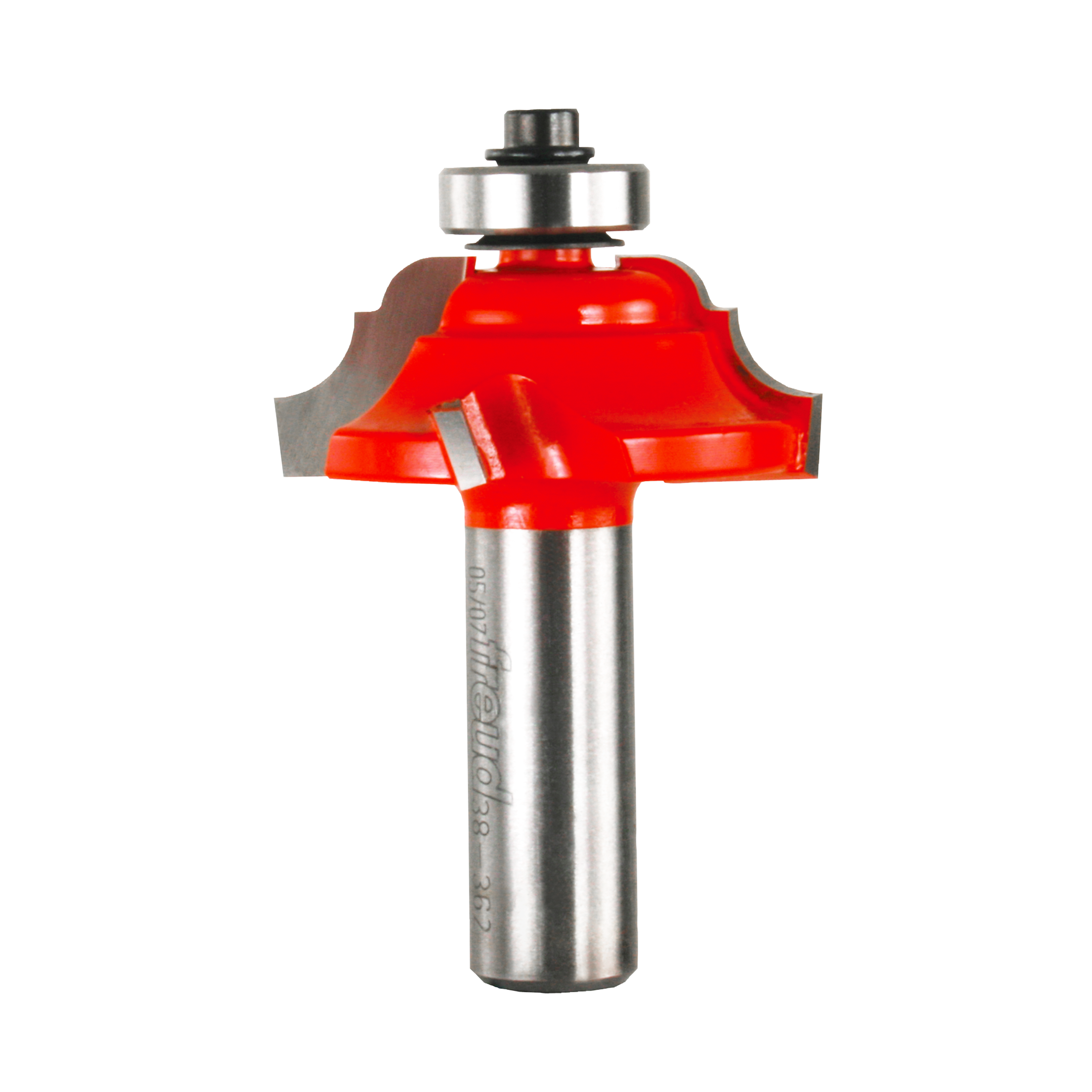 Red and silver router bit with classical cove and bead cutting profile and metal bearing guide.