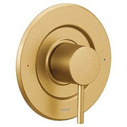Brushed gold round valve trim with circular backplate and single lever handle.