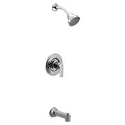 Chrome tub and shower faucet set with single-handle valve, showerhead, and tub spout.