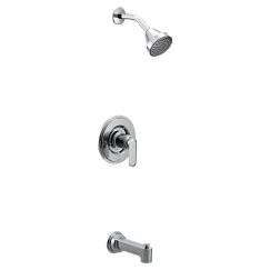 Chrome tub and shower faucet set with single-handle valve, showerhead, and tub spout.