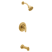 Brushed gold tub and shower valve with round trim plate, matching showerhead, and tub spout.