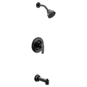 Moen Greenfield matte black tub and shower faucet with showerhead, trim ring, and spout.