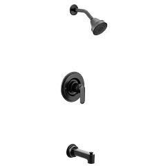 Moen Greenfield matte black tub and shower faucet with showerhead, trim ring, and spout.