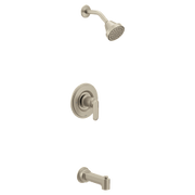 Brushed nickel tub and shower faucet set with single-handle control valve, spout, and showerhead.