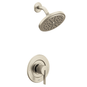 Brushed nickel shower head with curved arm and matching single-lever valve trim.