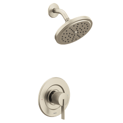 Brushed nickel shower head with curved arm and matching single-lever valve trim.