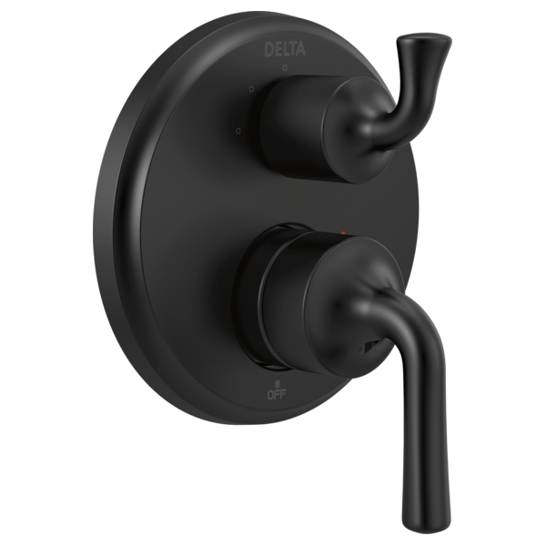 Black Delta monitor valve trim with two curved handles and integrated diverter control on circular escutcheon plate.