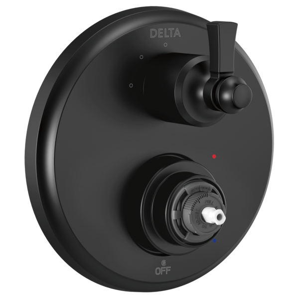 Black Delta valve trim with two handles and rotary diverter control on circular escutcheon plate.