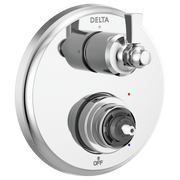 Delta chrome shower valve trim with two handles and diverter control on oval escutcheon plate.