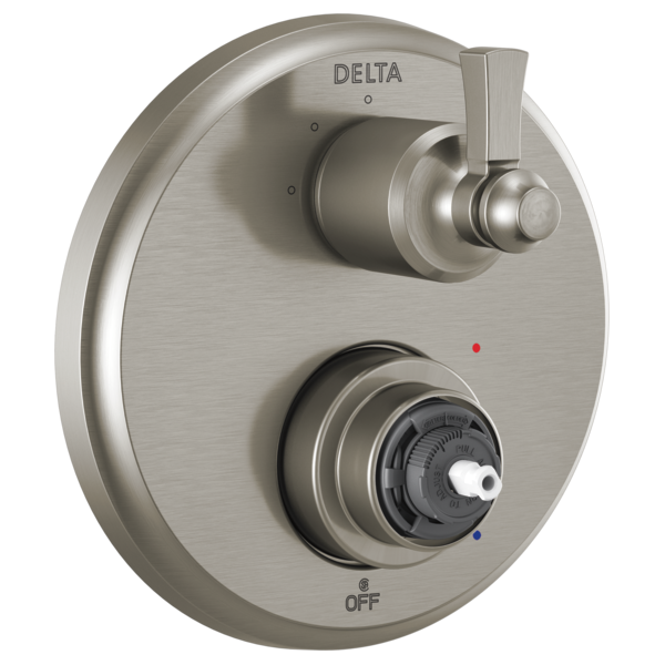 Brushed nickel Delta shower valve trim with two handles and round escutcheon plate featuring temperature dial and diverter co