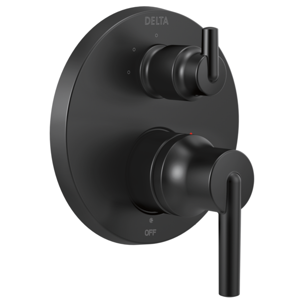 Black Delta Trinsic shower valve trim with two lever handles and integrated diverter on circular escutcheon plate.