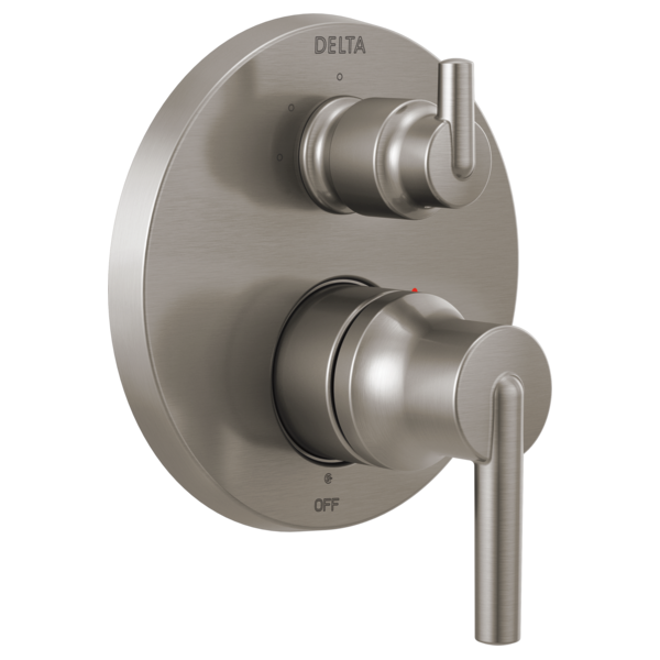 Brushed nickel Delta shower valve trim with two stacked control handles and integrated diverter on oval escutcheon plate.