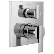 Delta Ara angular modern monitor valve trim with dual handles and 3-setting integrated diverter in chrome finish.