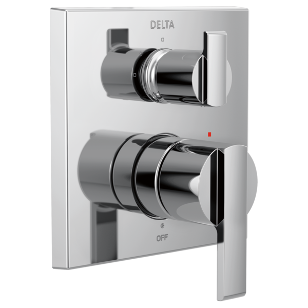 Delta Ara angular modern monitor valve trim with dual handles and 3-setting integrated diverter in chrome finish.