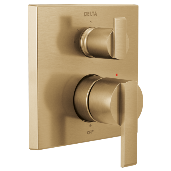 Champagne gold square valve trim with upper control knob and lower lever handle, featuring integrated diverter with off setti