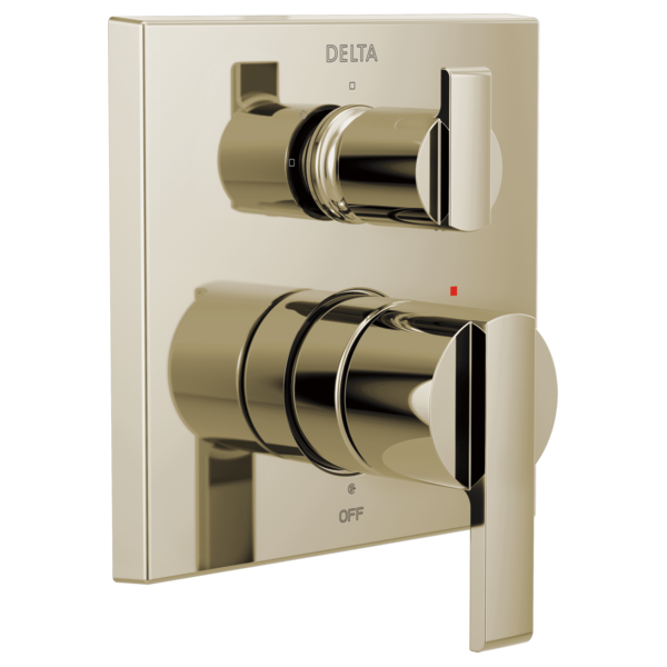 Delta angular modern monitor valve trim with dual lever handles and integrated diverter in champagne bronze finish.