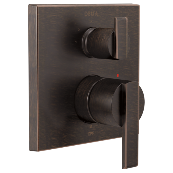 Bronze finish angular valve trim with dual cylindrical handles and integrated diverter for shower control.