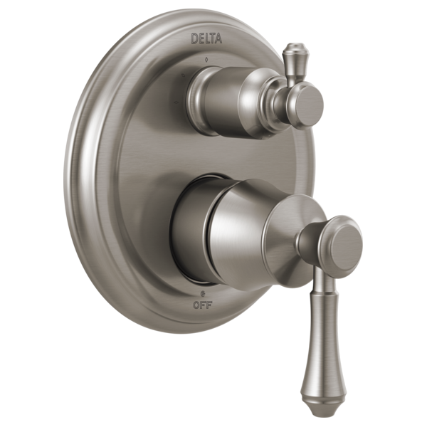 Brushed nickel two-handle shower valve trim with oval escutcheon plate and lever handles.