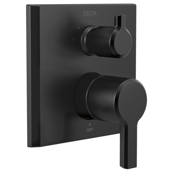 Matte black Delta valve trim with two round handles and diverter control on square escutcheon plate.