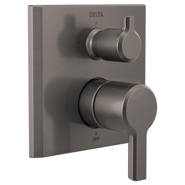 Brushed gray Delta valve trim with two cylindrical handles and diverter controls mounted on square backing plate.